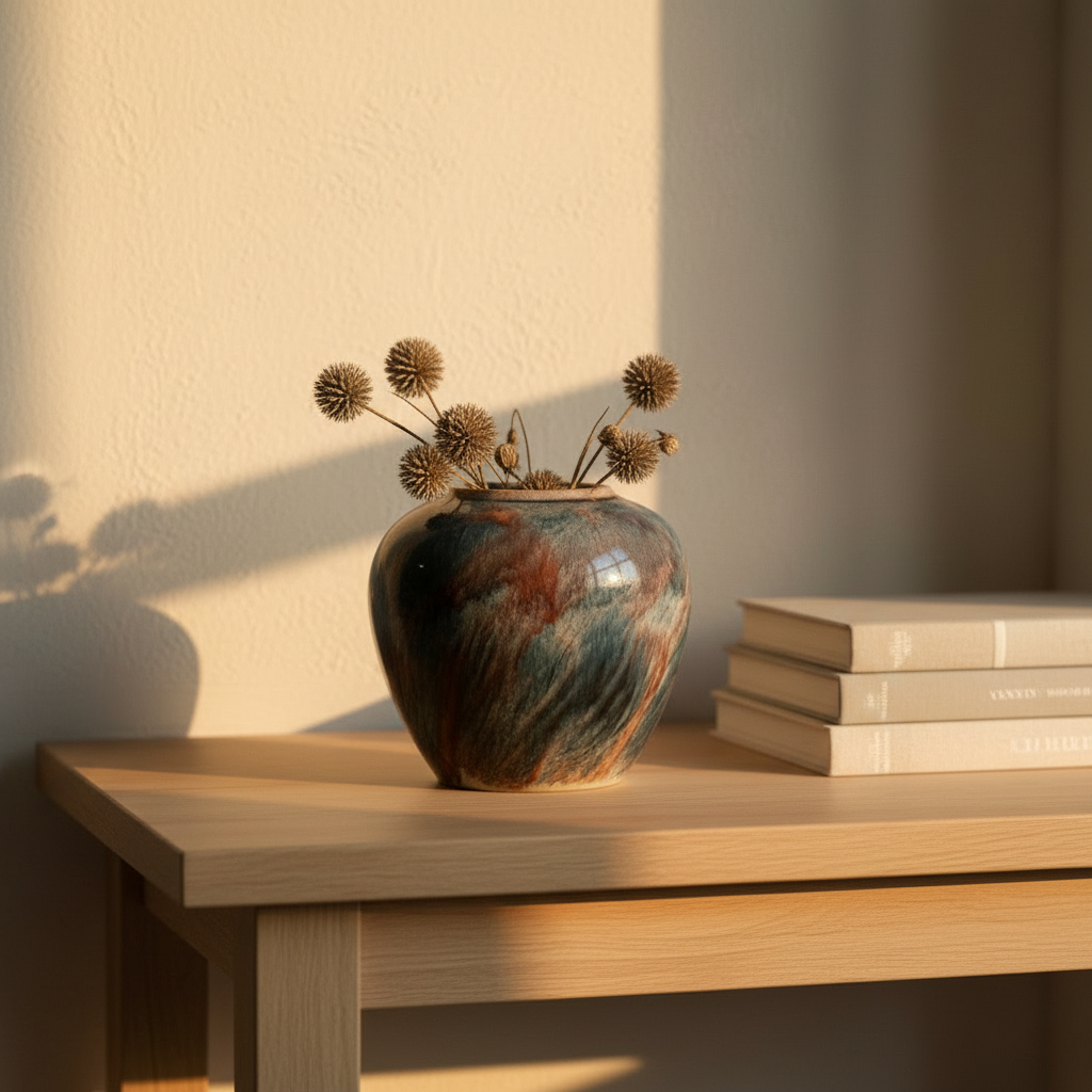 Flambe Glazed Jar on a pale oak console with dried seed heads in warm afternoon light