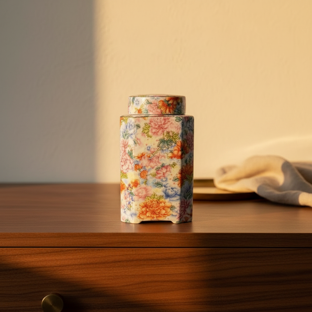 Enamelled Ceramic Jar on a walnut dresser in warm afternoon light