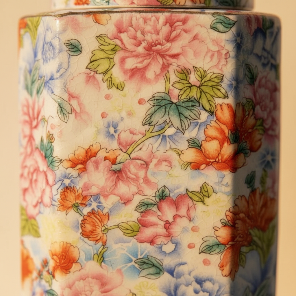 Macro detail of the dense hand-painted floral enamel