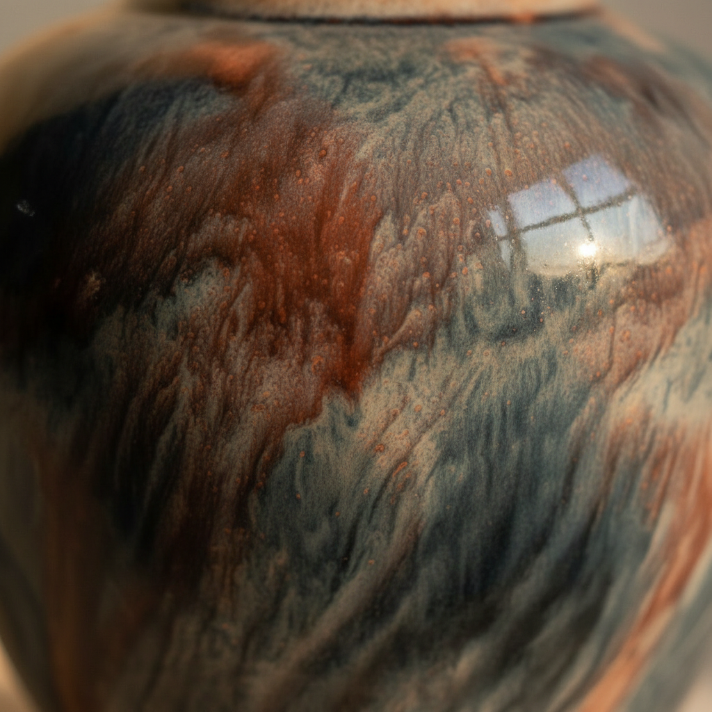 Macro detail of the slate blue and rust flambe glaze
