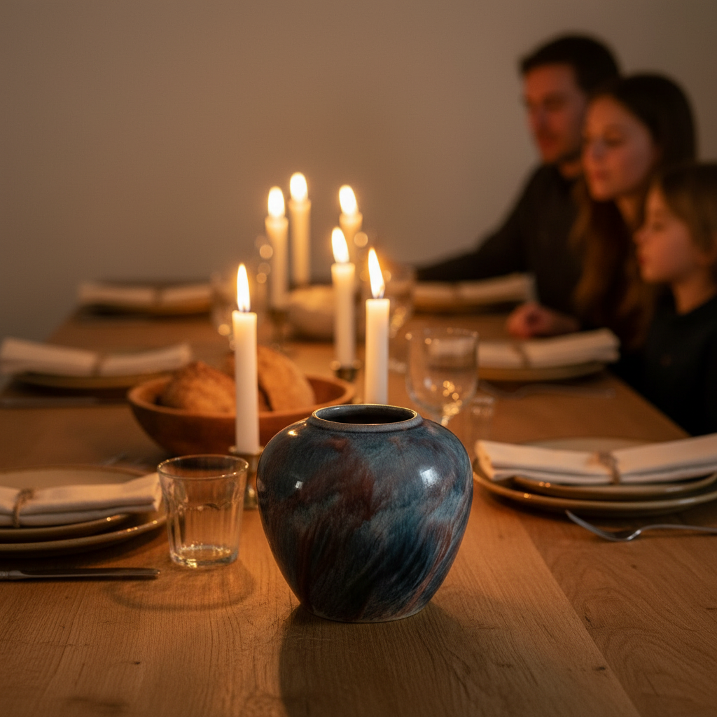 The flambe jar as a low centrepiece on a candlelit family dinner table