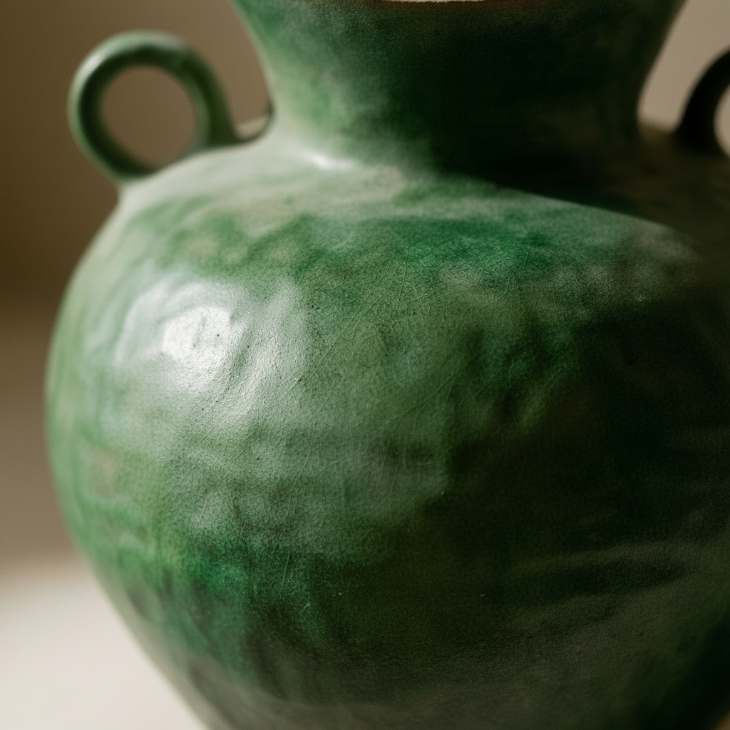 Macro detail of the mottled deep green glaze and looped handle