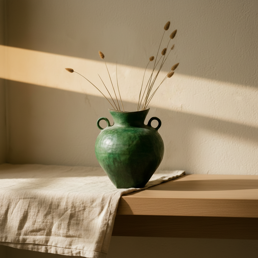 Green Double-Handled Vase on a pale oak console with dried stems in warm afternoon light