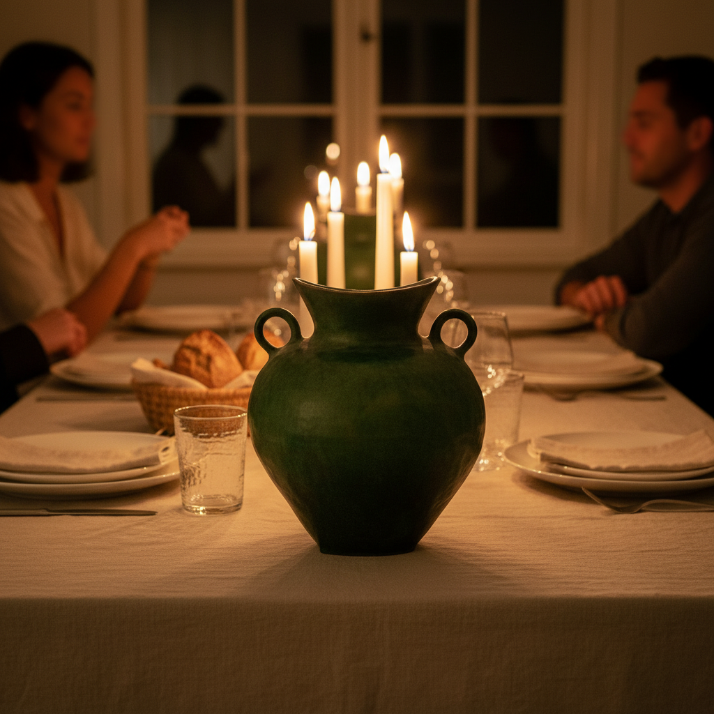 The green double-handled vase as a centrepiece on a candlelit family dinner table