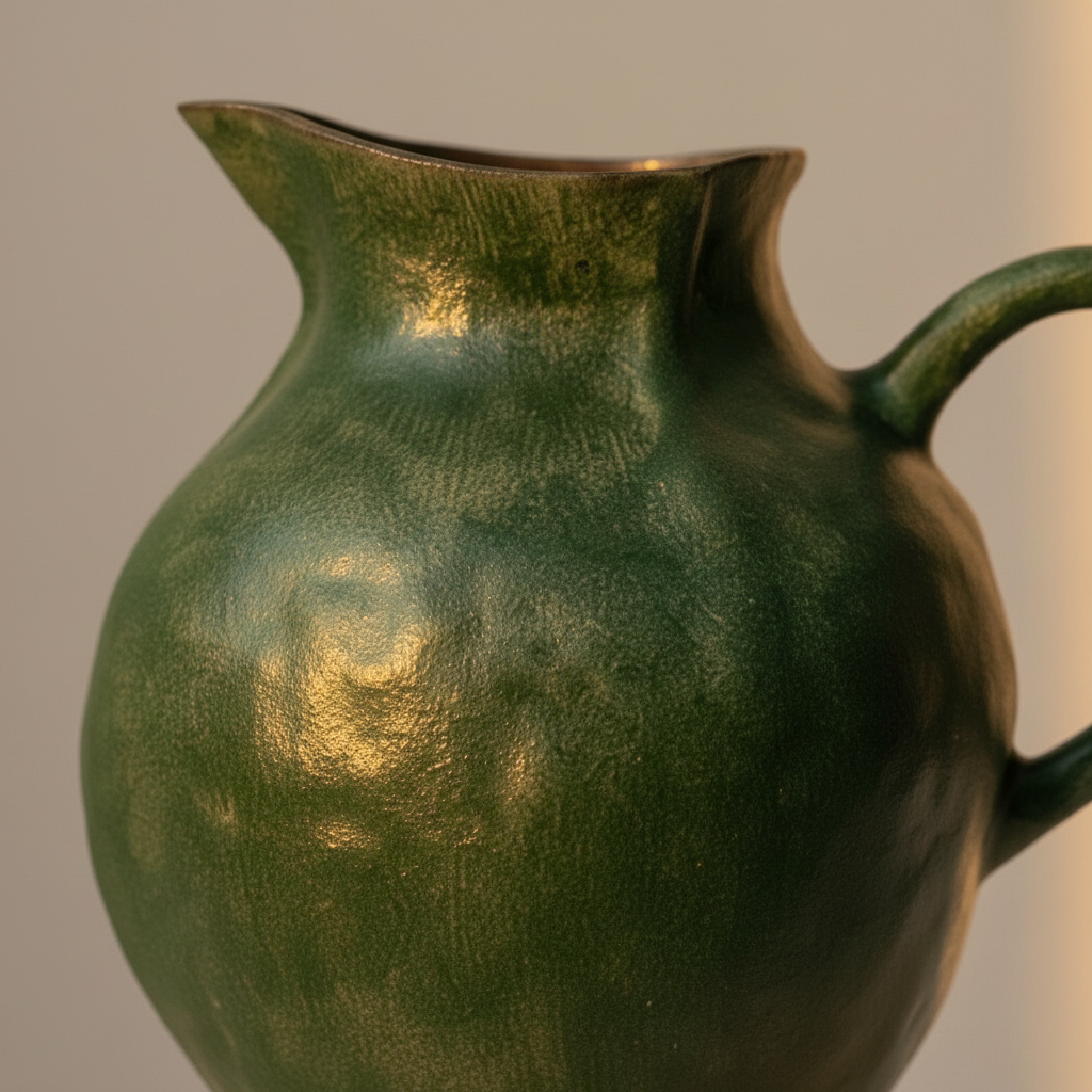 Macro detail of the glossy deep green glaze and pulled spout