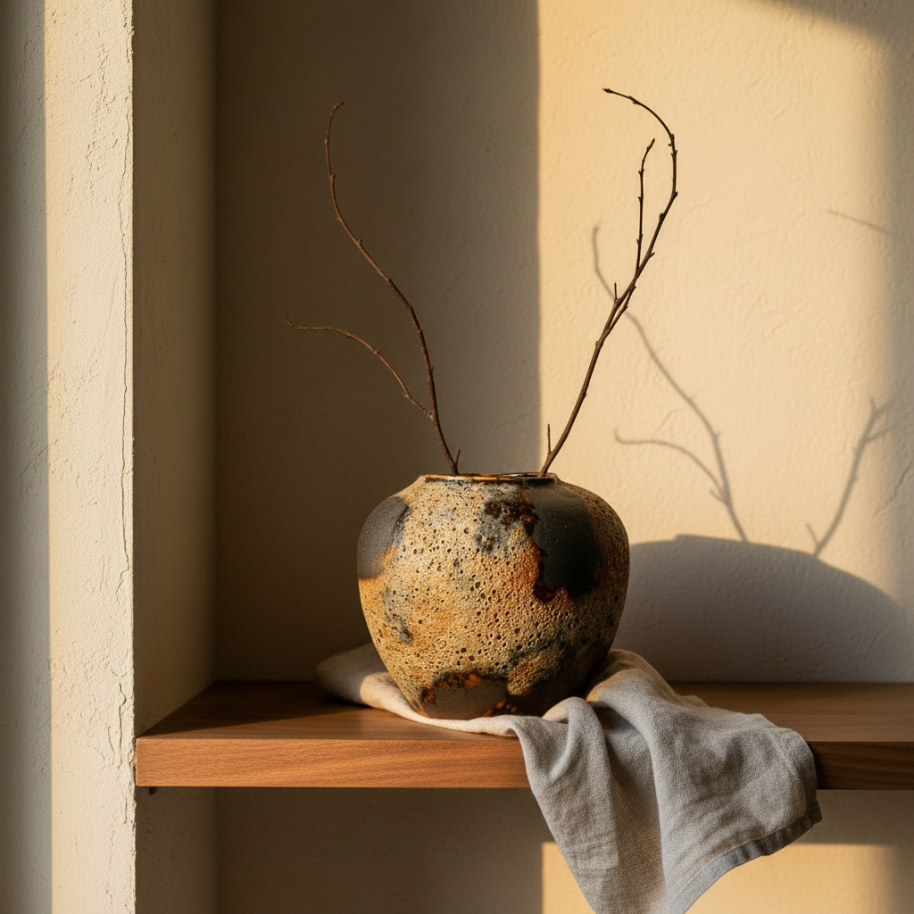 Lava Glaze Jar on a walnut shelf with dried branches in warm afternoon light
