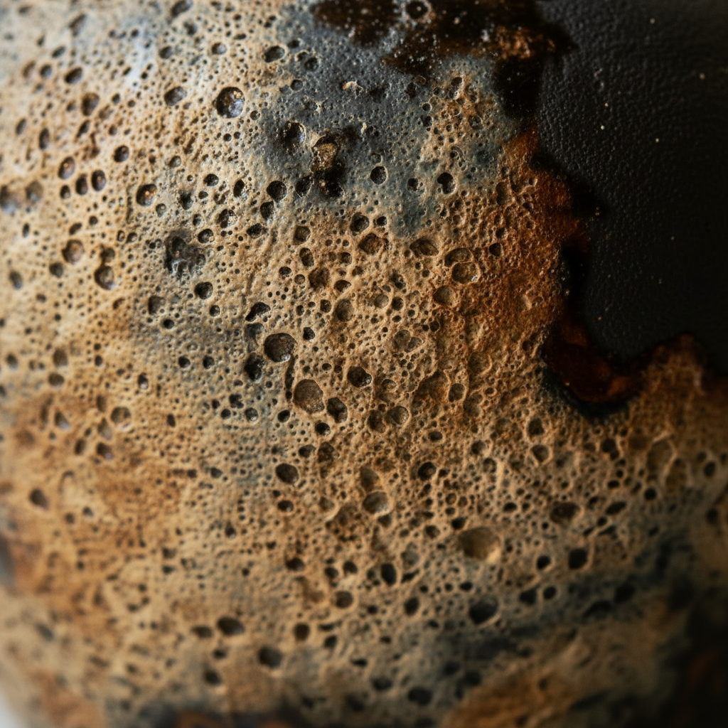 Macro detail of the pitted lava glaze in tan, black and rust