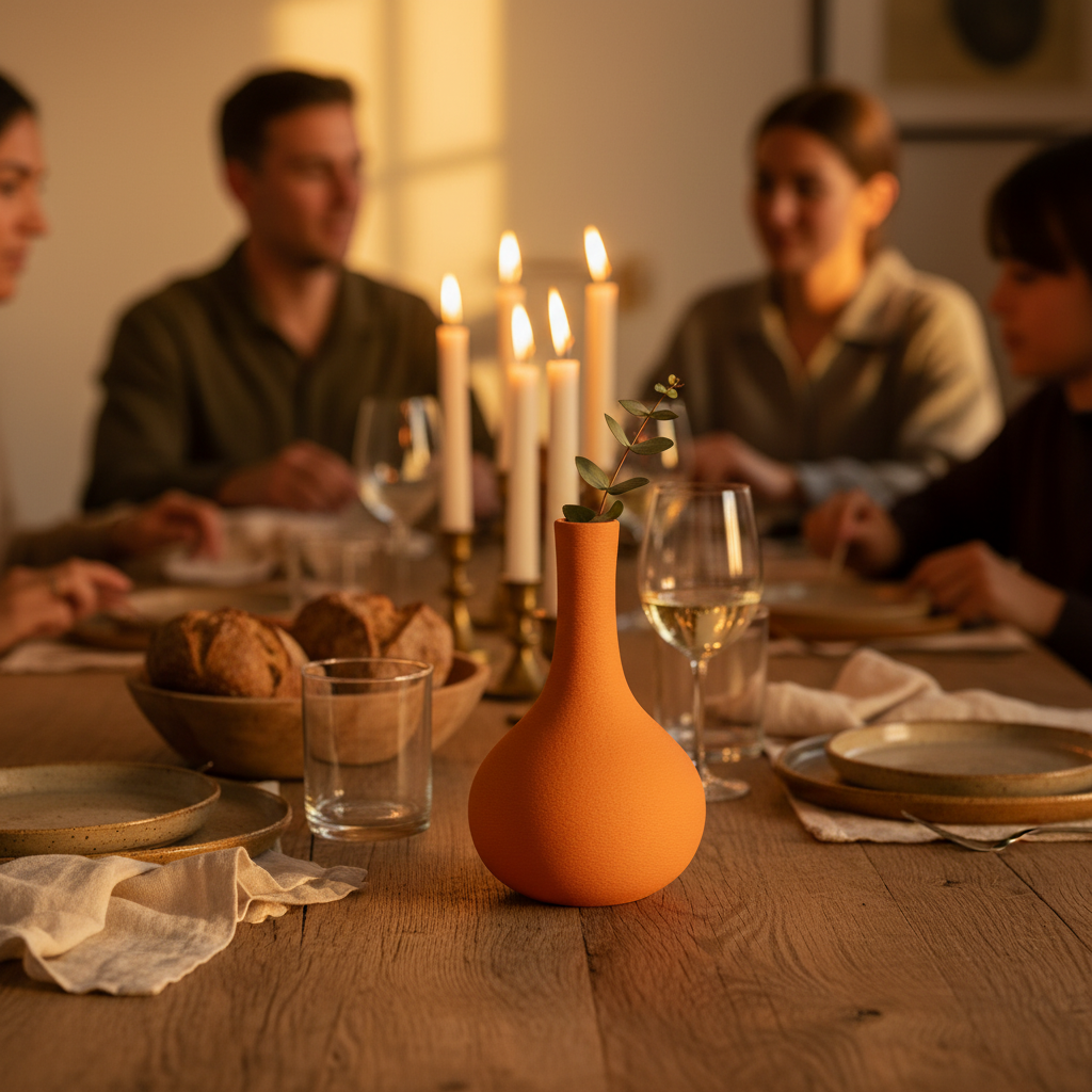 The gourd bud vase holding a stem on a candlelit family dinner table