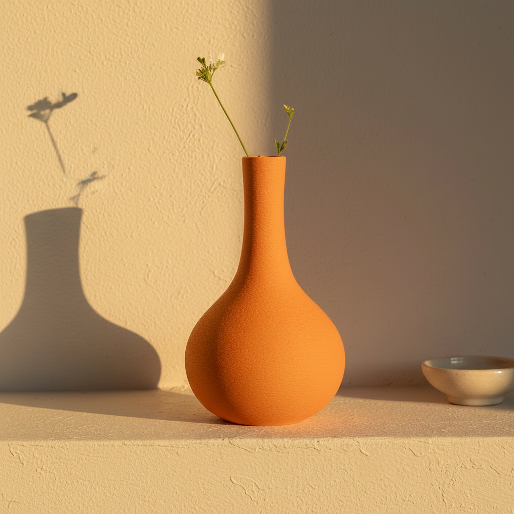 Matte Gourd Bud Vase on a pale oak shelf with a single stem in warm afternoon light