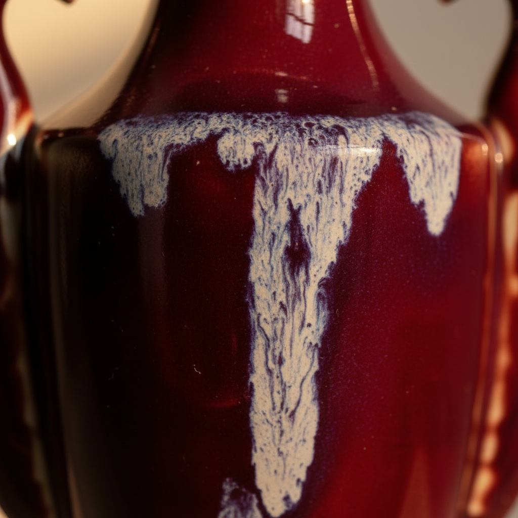 Macro detail of the oxblood glaze running and pooling in drips