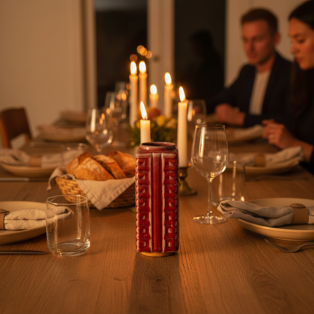 The oxblood ribbed vase as a centrepiece on a candlelit family dinner table