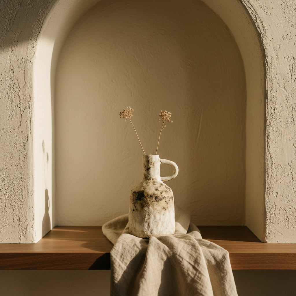 Single-Handle Pottery Vase on a walnut shelf with dried stems in warm afternoon light