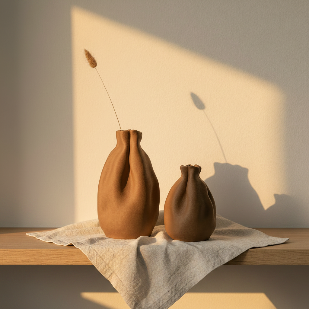 Sand Bud Vases pair on a pale oak shelf in warm afternoon light