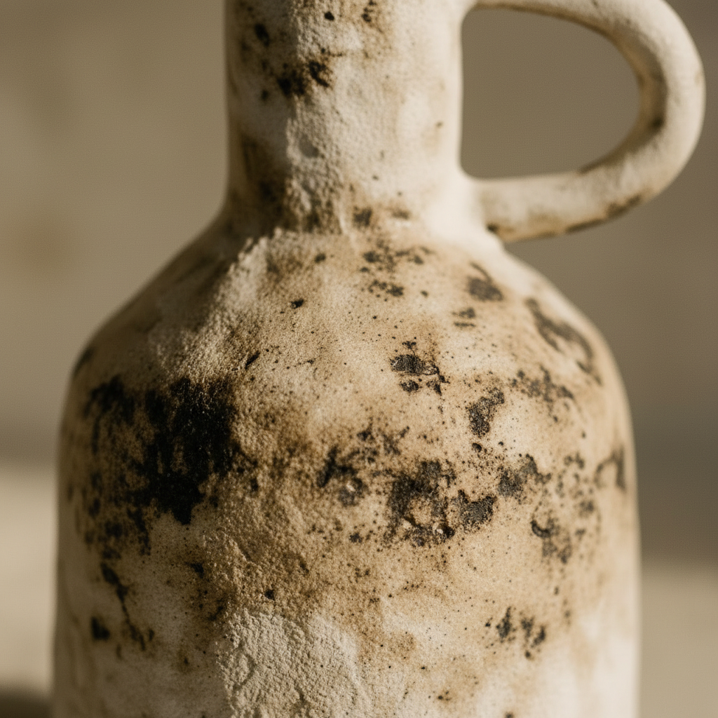 Macro detail of the coarse speckled pottery and handle root