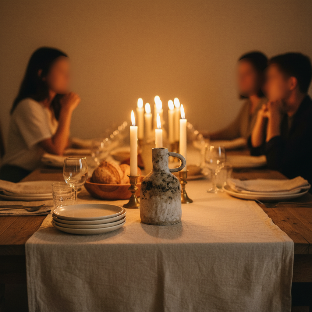 The single-handled vase as a centrepiece on a candlelit family dinner table