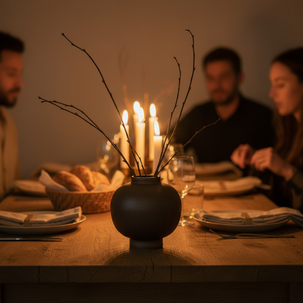 The squat stoneware pot holding branches on a candlelit family dinner table
