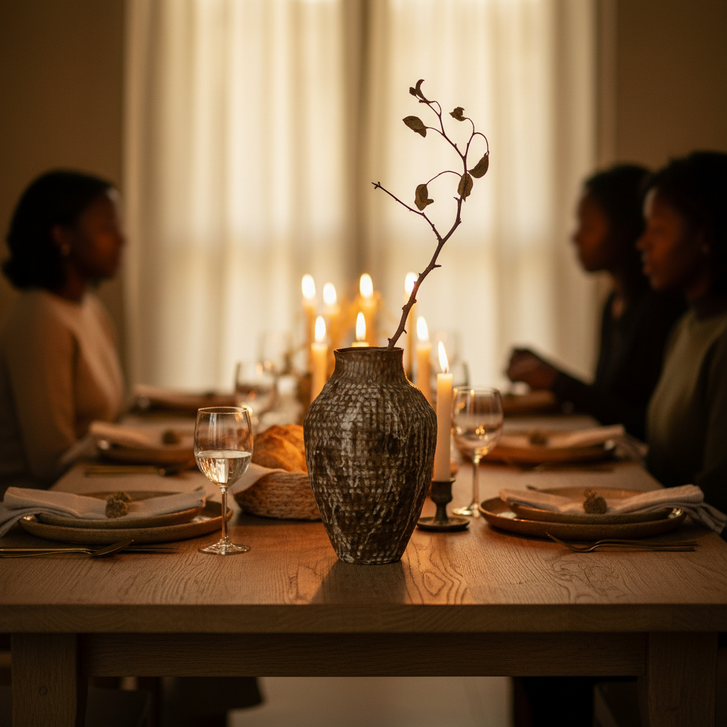 The Taishi clay vase as a centrepiece on a candlelit family dinner table