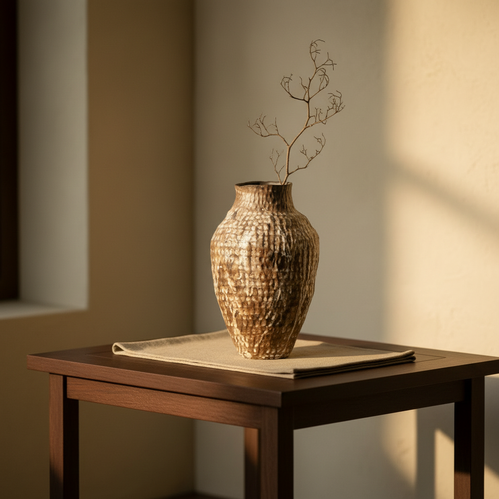 Taishi Clay Vase on a low dark wood table with a dried branch in warm afternoon light
