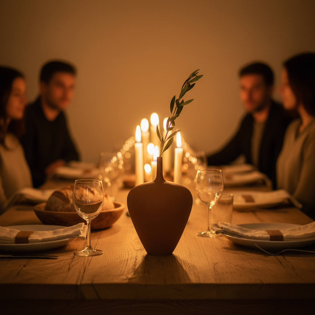 The teardrop vase holding a stem on a candlelit family dinner table