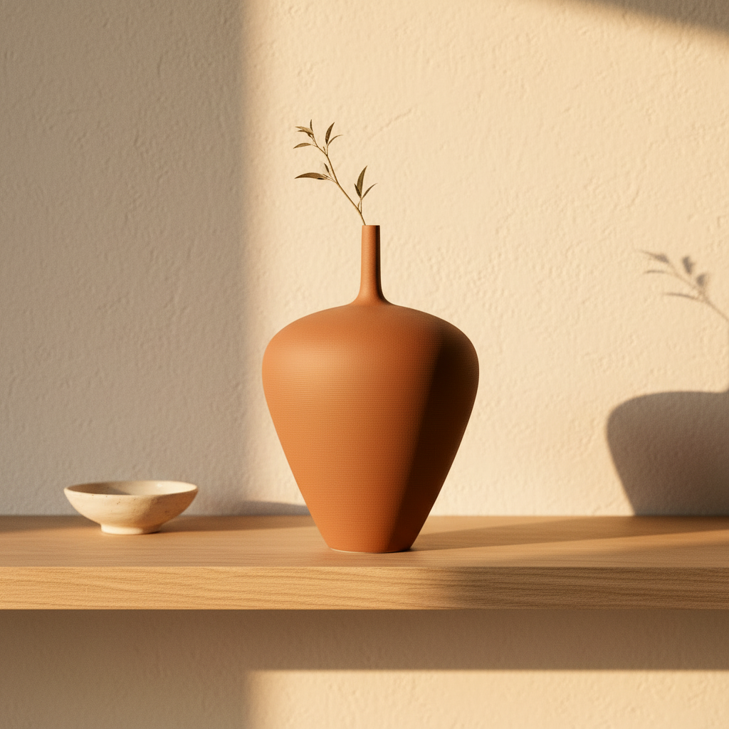 Teardrop Ceramic Vase on a pale oak shelf with a single stem in warm afternoon light
