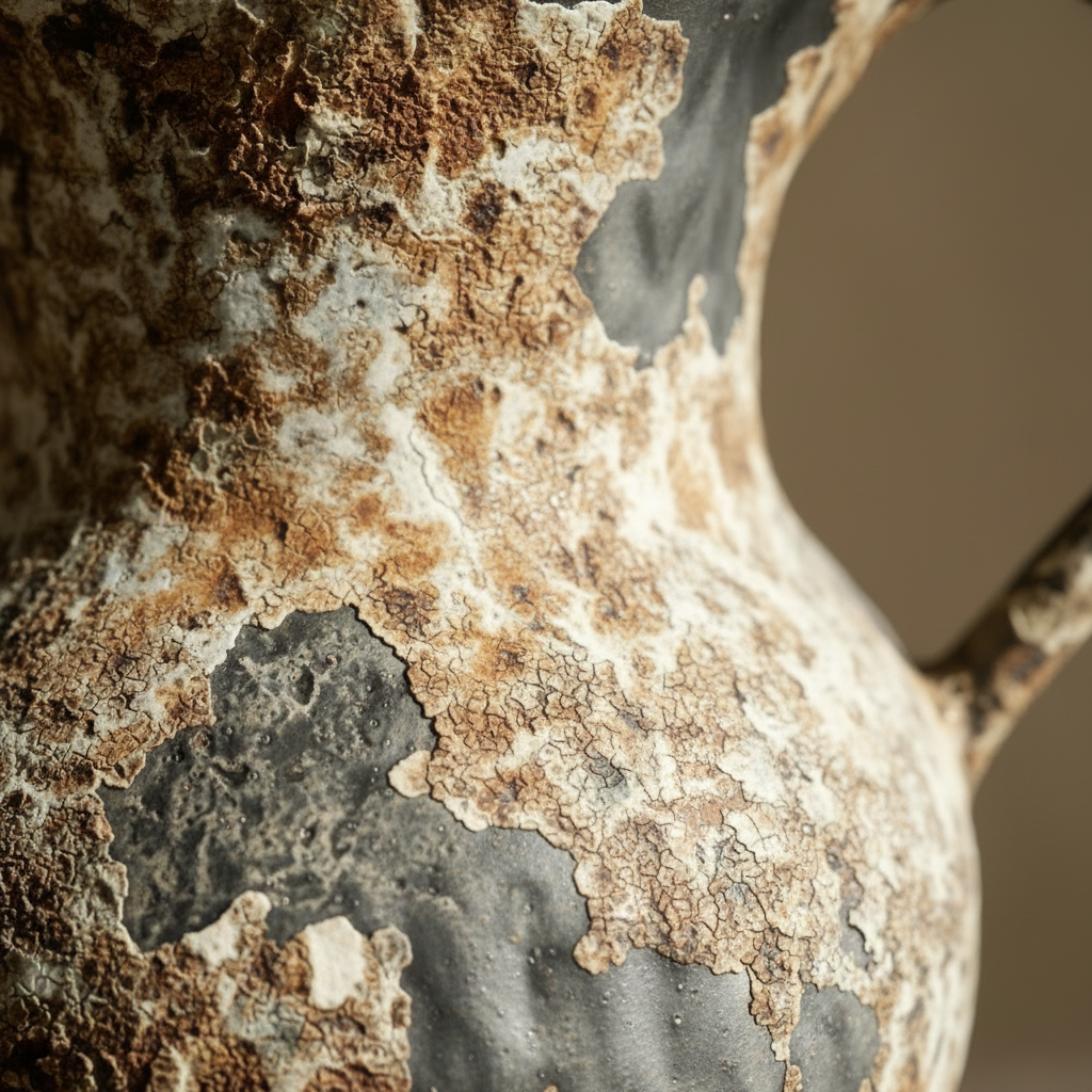 Macro detail of the mottled rust, cream and slate distressed surface