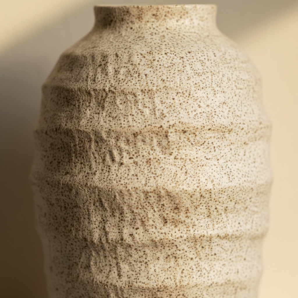 Macro detail of the speckled cream body and horizontal ribbed rings