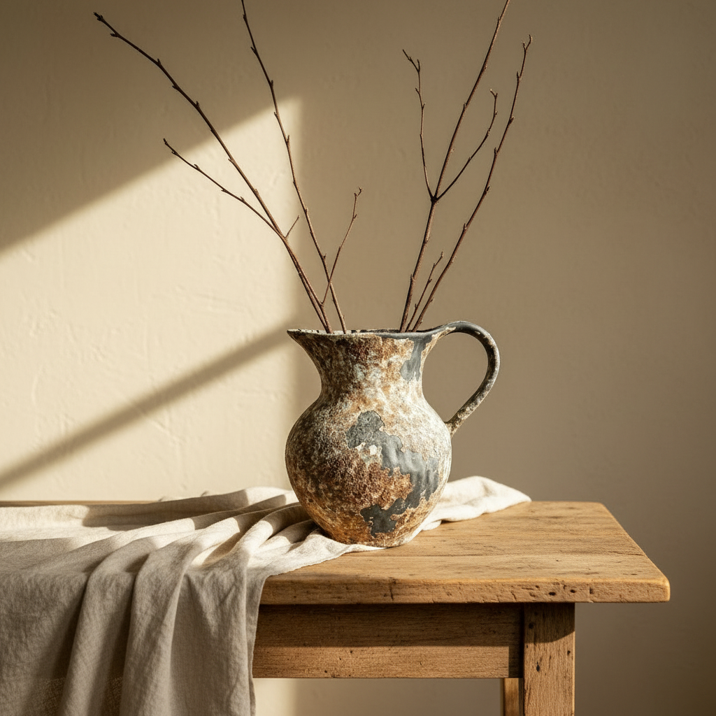 Wabi-Sabi Terracotta pitcher on a rustic oak table with bare branches in warm afternoon light