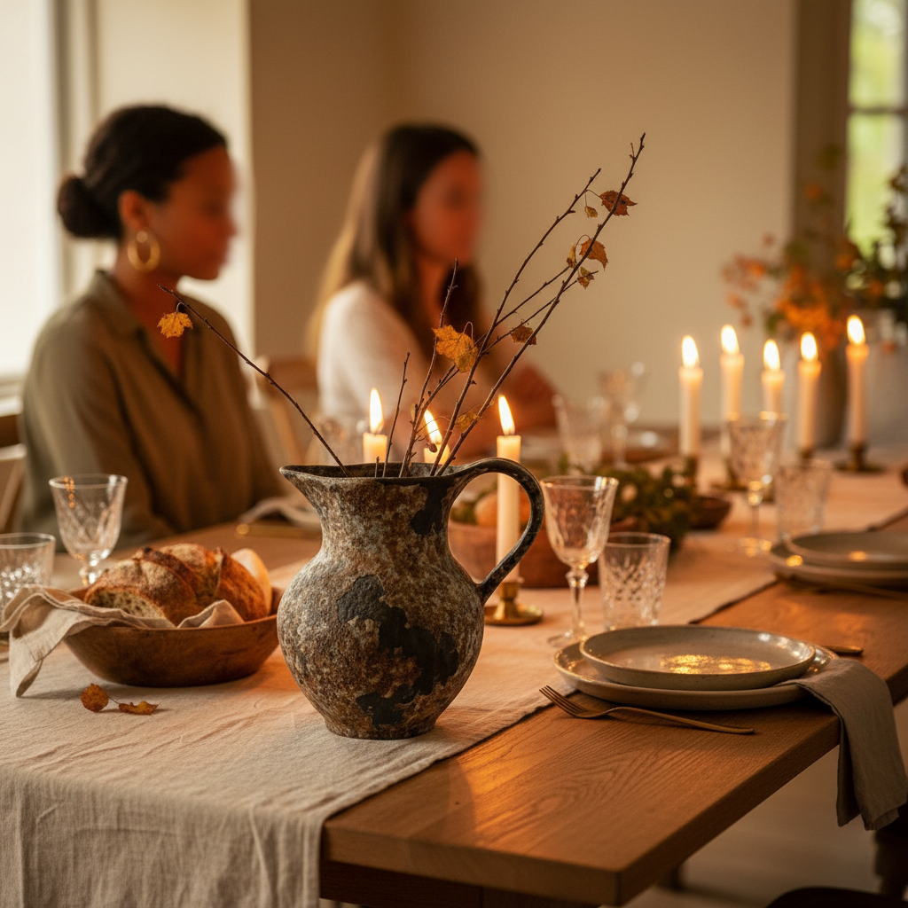 The distressed pitcher as a centrepiece on a candlelit family dinner table