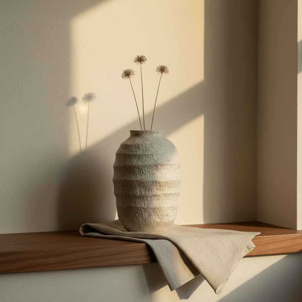 Wabi-Sabi Stoneware Vase on a walnut shelf with dried stems in warm afternoon light