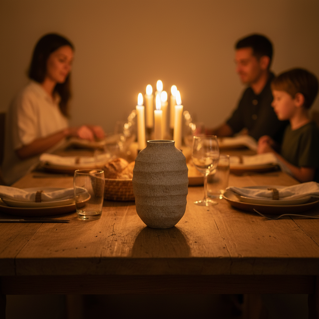 The ribbed stoneware vessel as a centrepiece on a candlelit family dinner table
