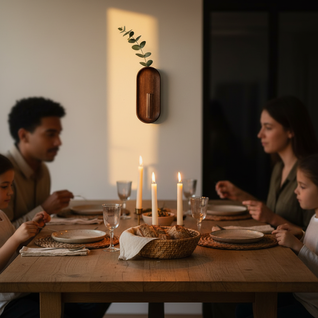 The walnut wall vase above a candlelit family dinner table
