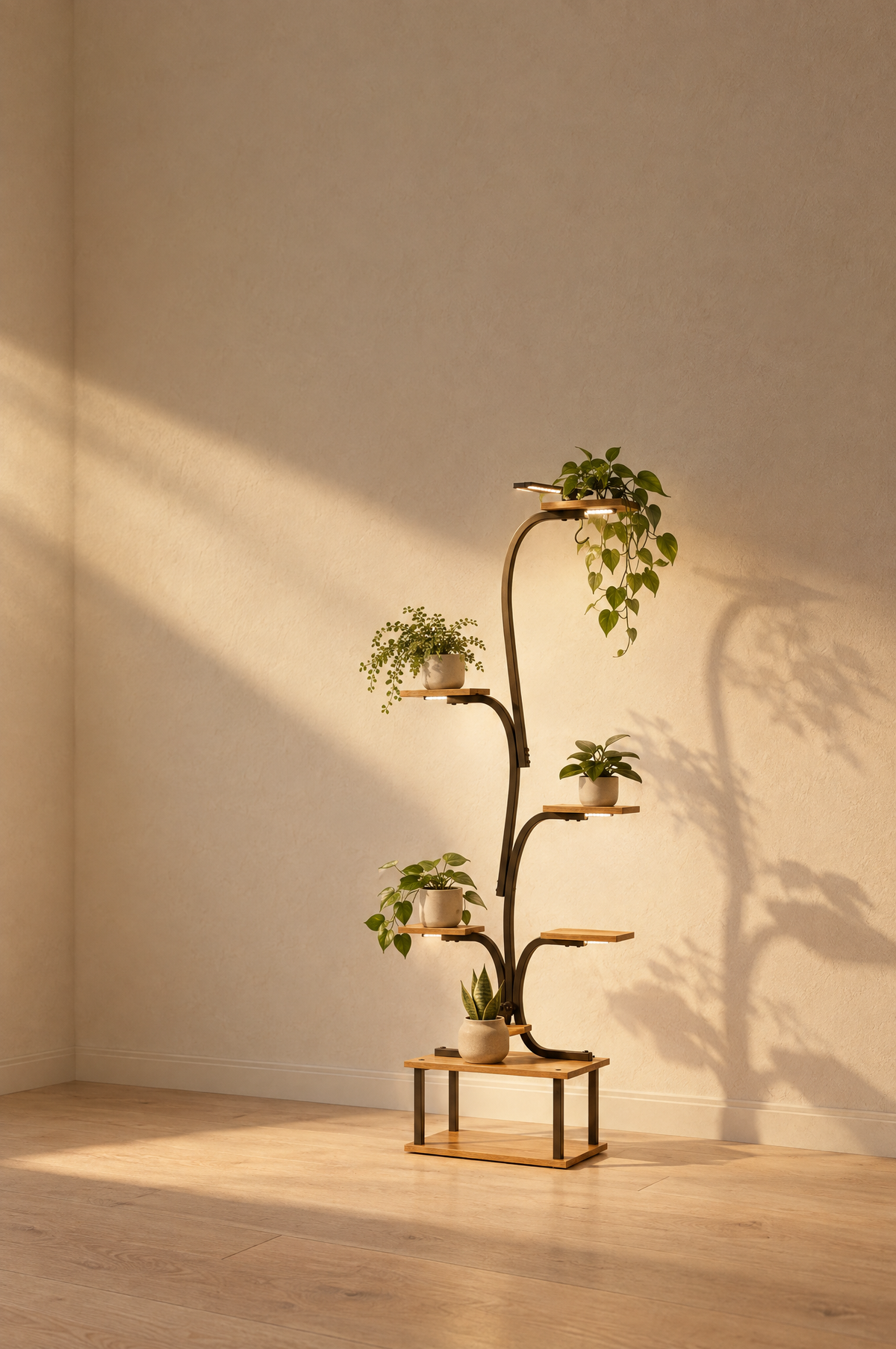 Tiered plant stand against a plaster wall holding potted plants