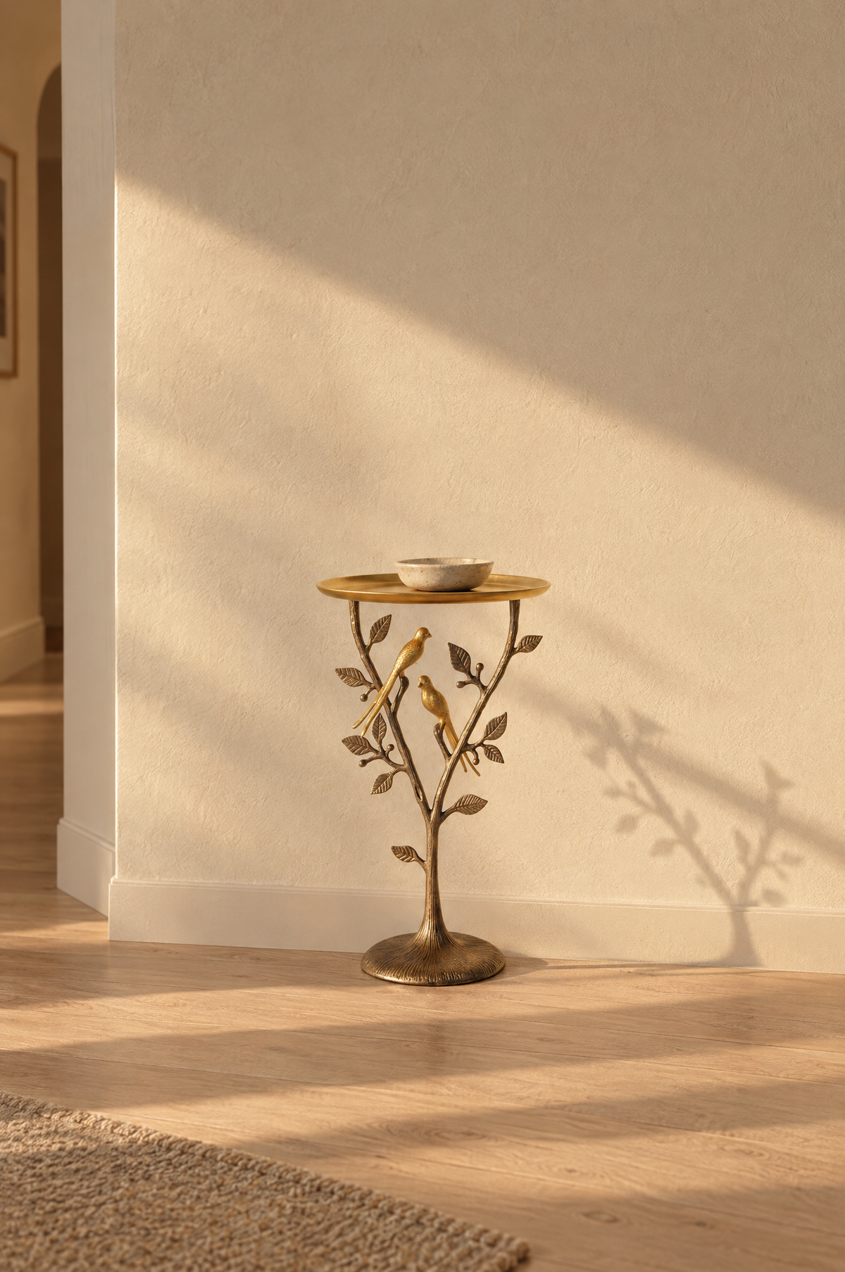 Bird tray side table in a quiet hallway against a plaster wall