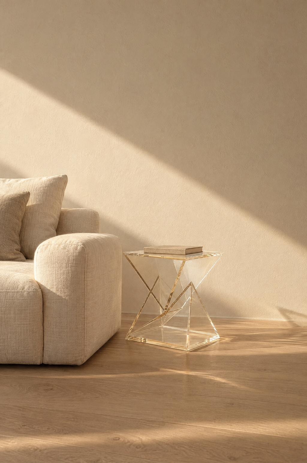 Clear acrylic side table beside a cream linen sofa on pale oak floor