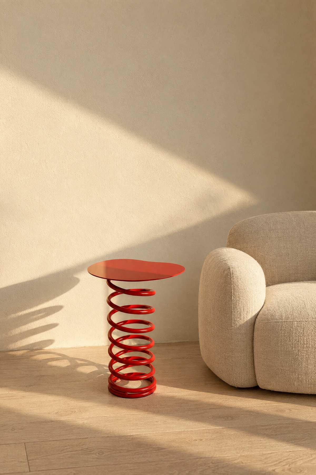 Red coil side table beside a cream linen armchair