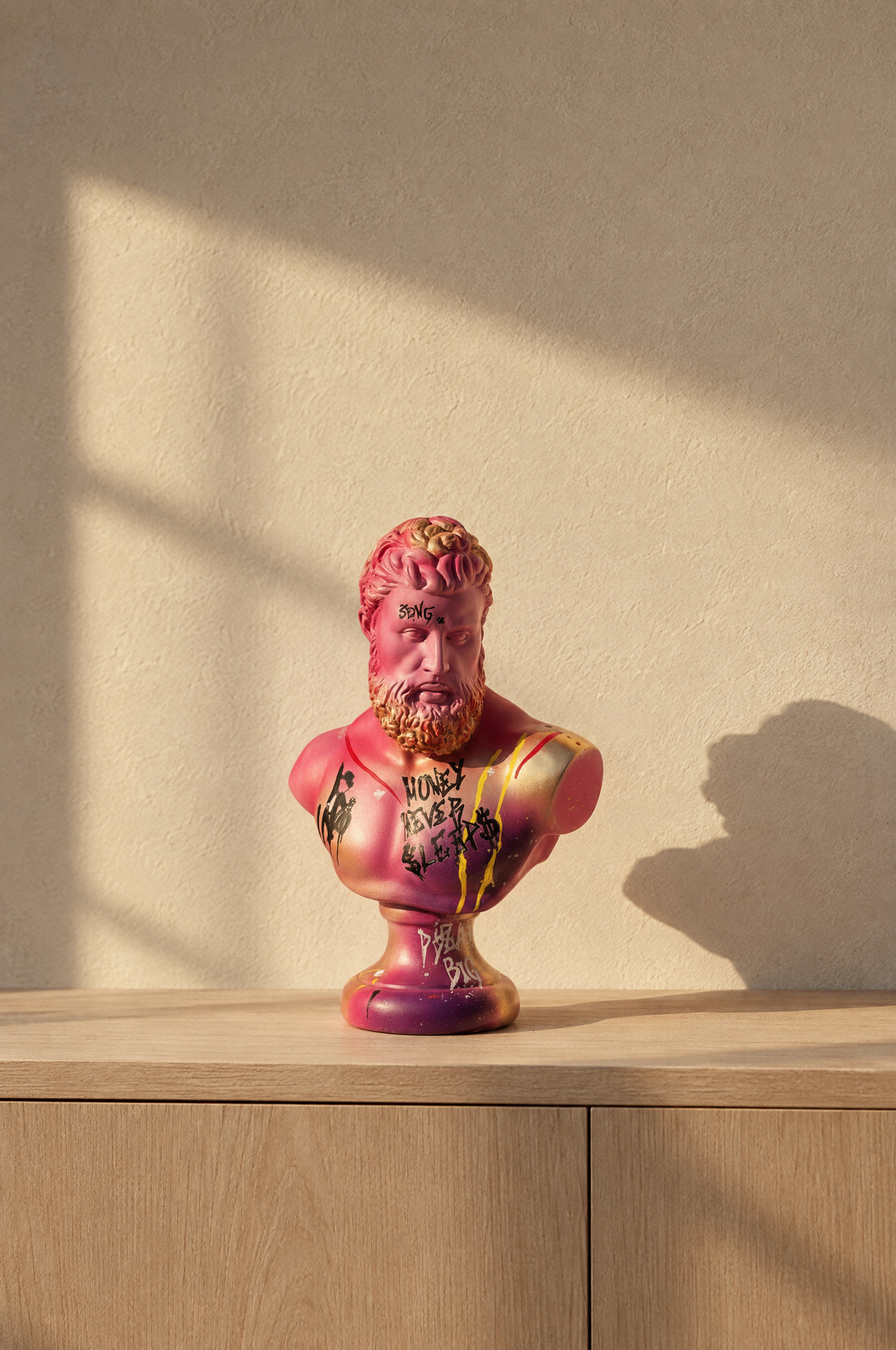Hercules resin figure sculpture on a pale oak console