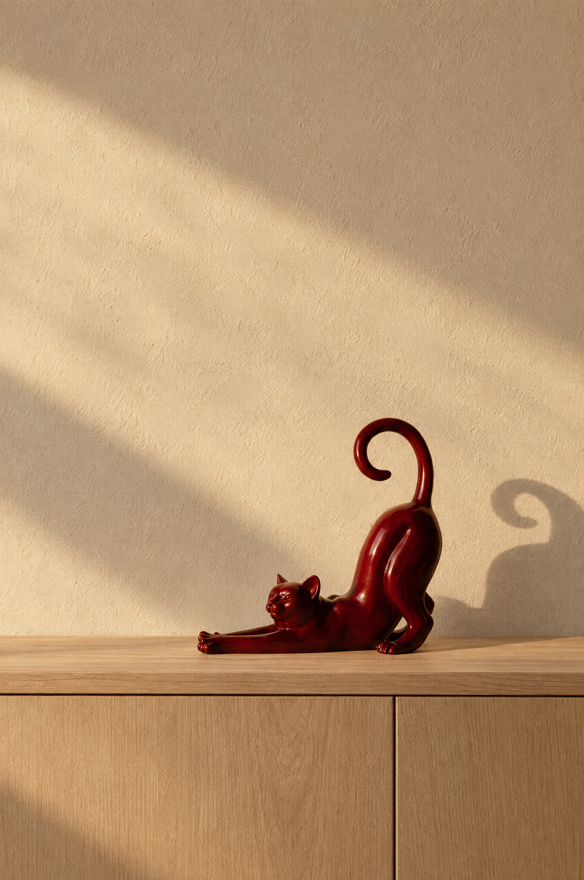 Abstract resin cat figure on a pale oak console against a plaster wall