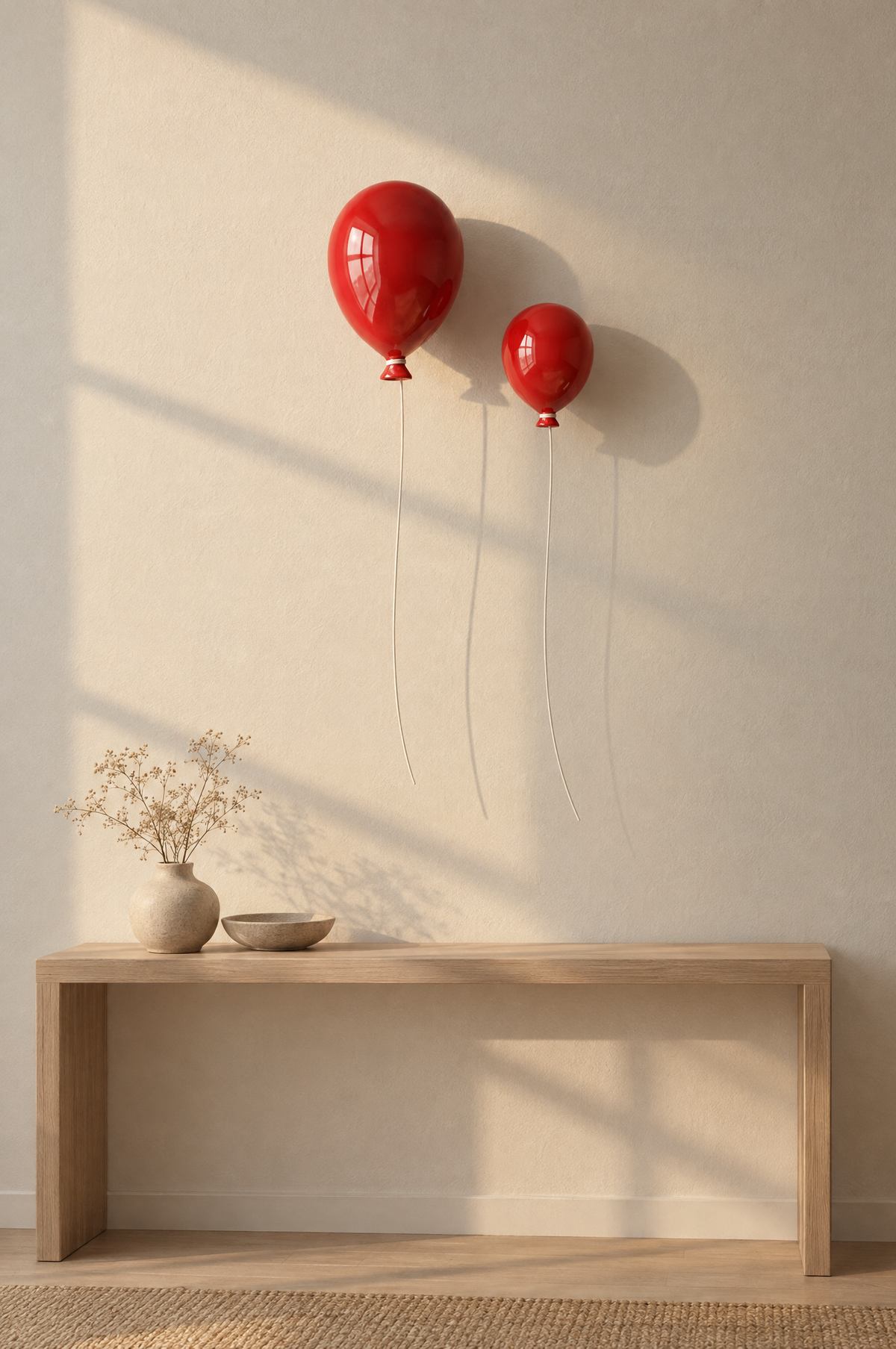 Red balloon wall sculptures mounted on a plaster wall above a console