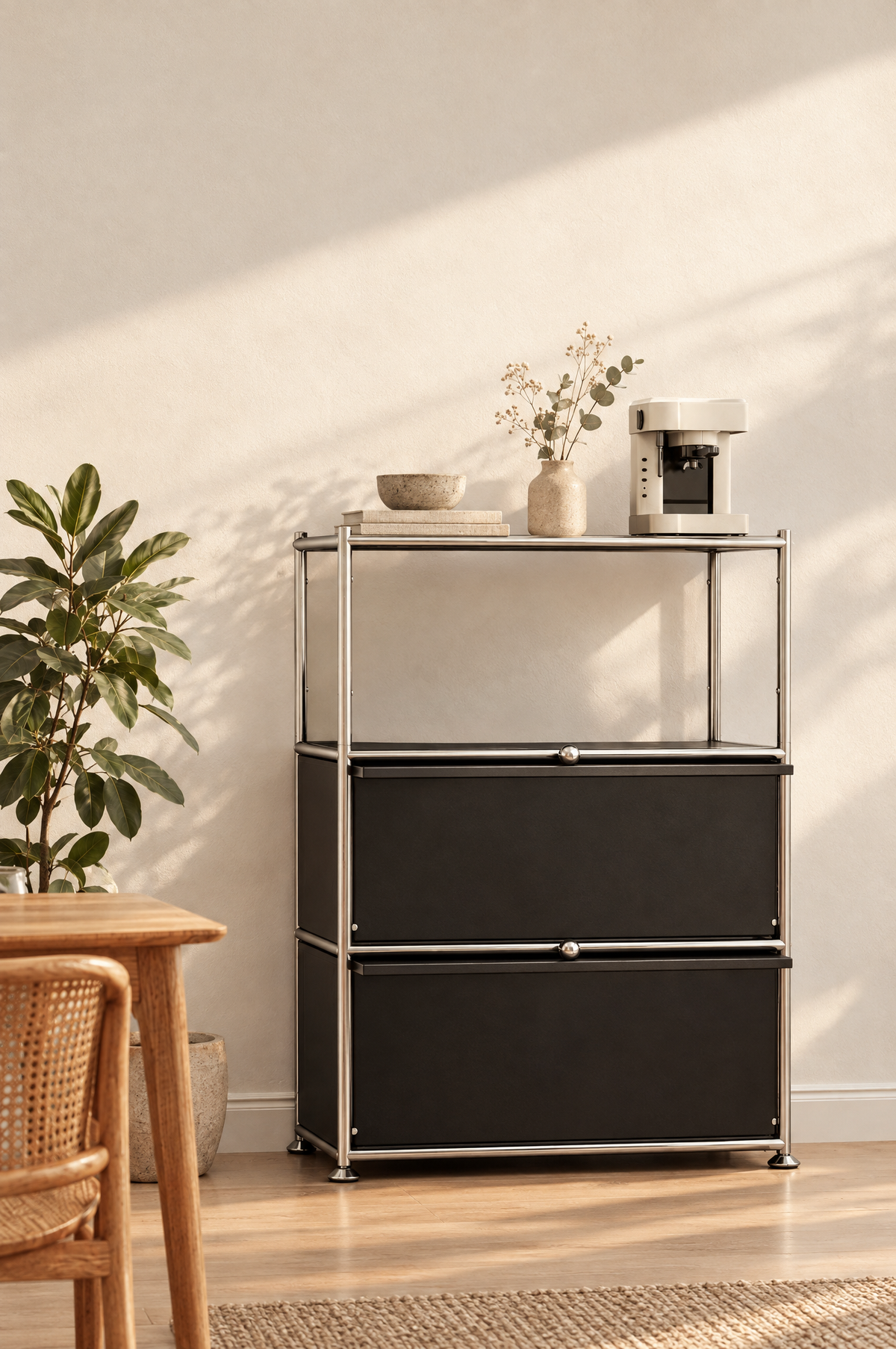 Three-tier steel unit with an open top shelf and two cabinet doors