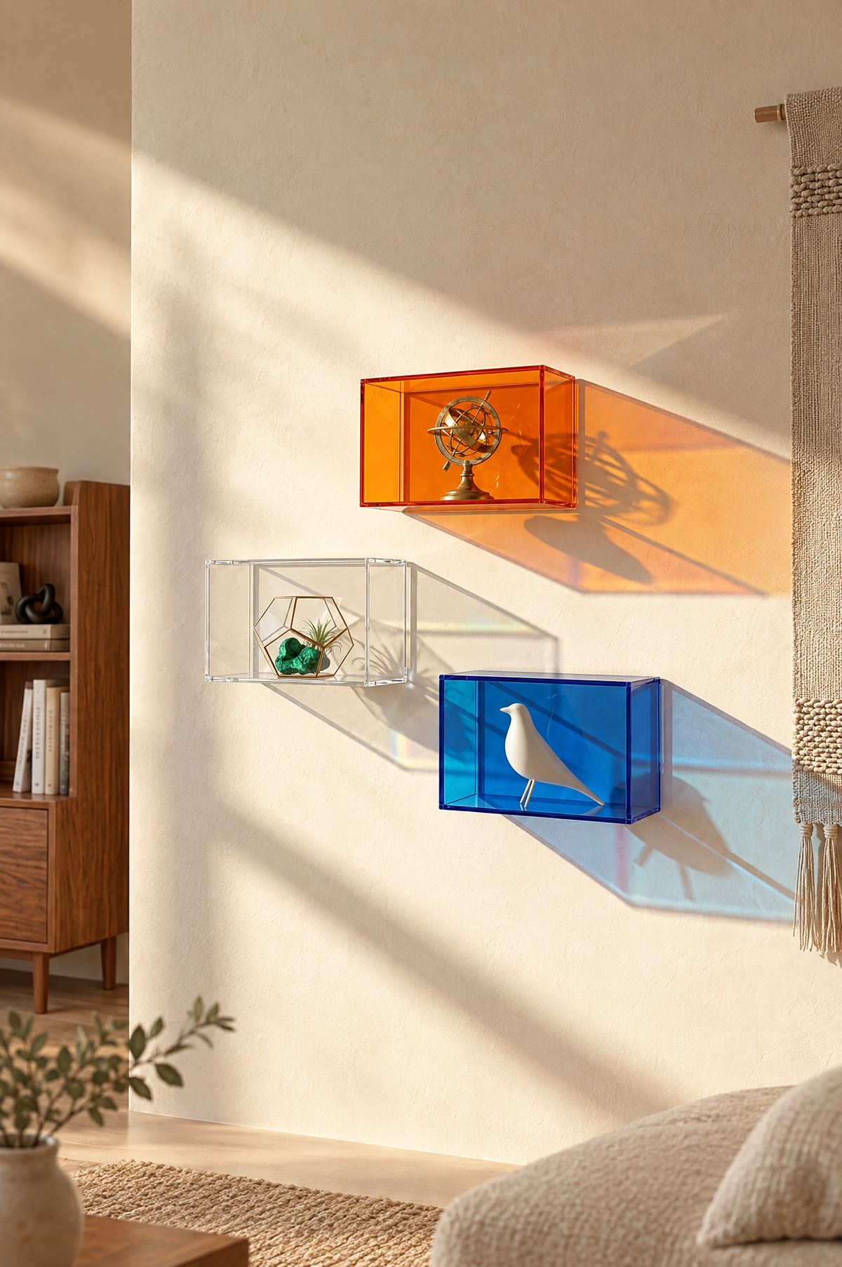 Three acrylic wall display boxes in orange, clear and blue