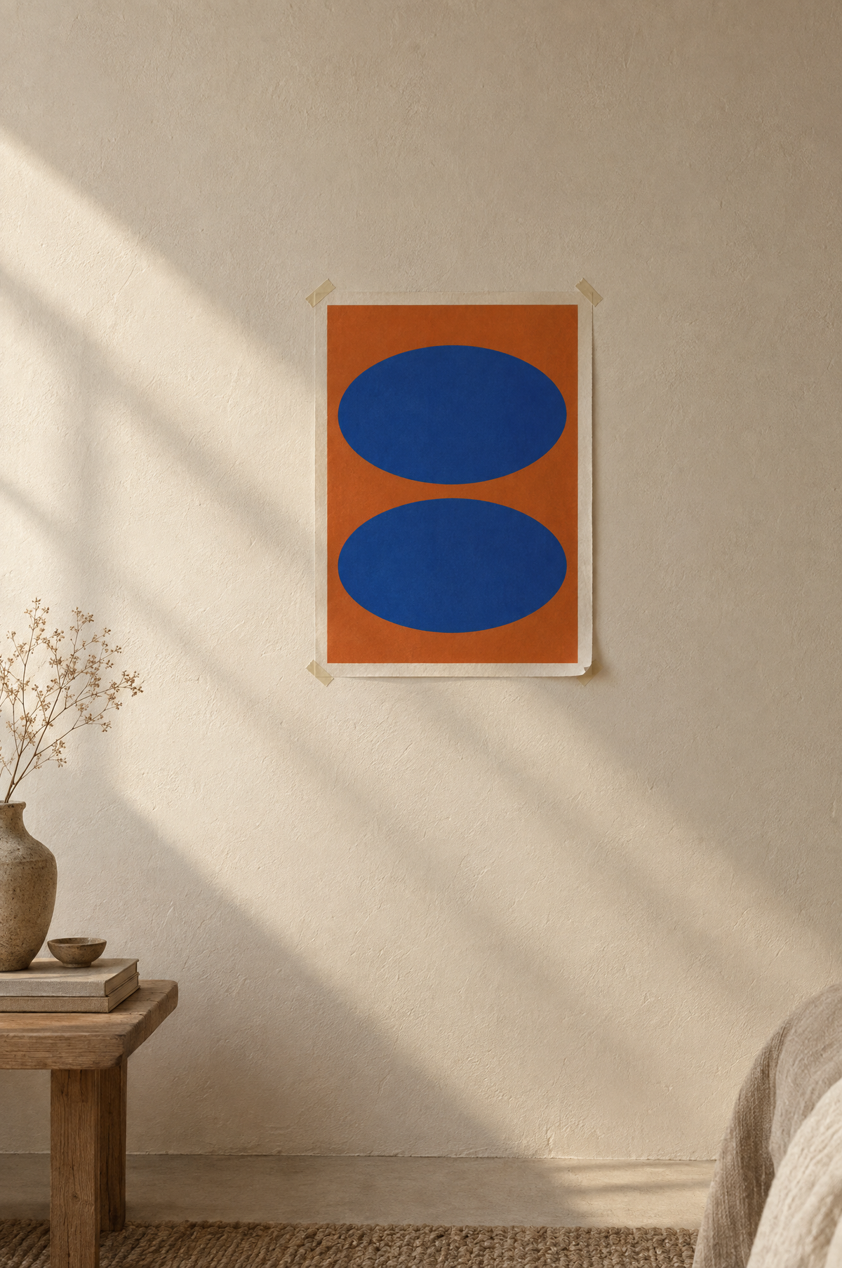 Unframed blue ellipse print taped flat to a plaster wall