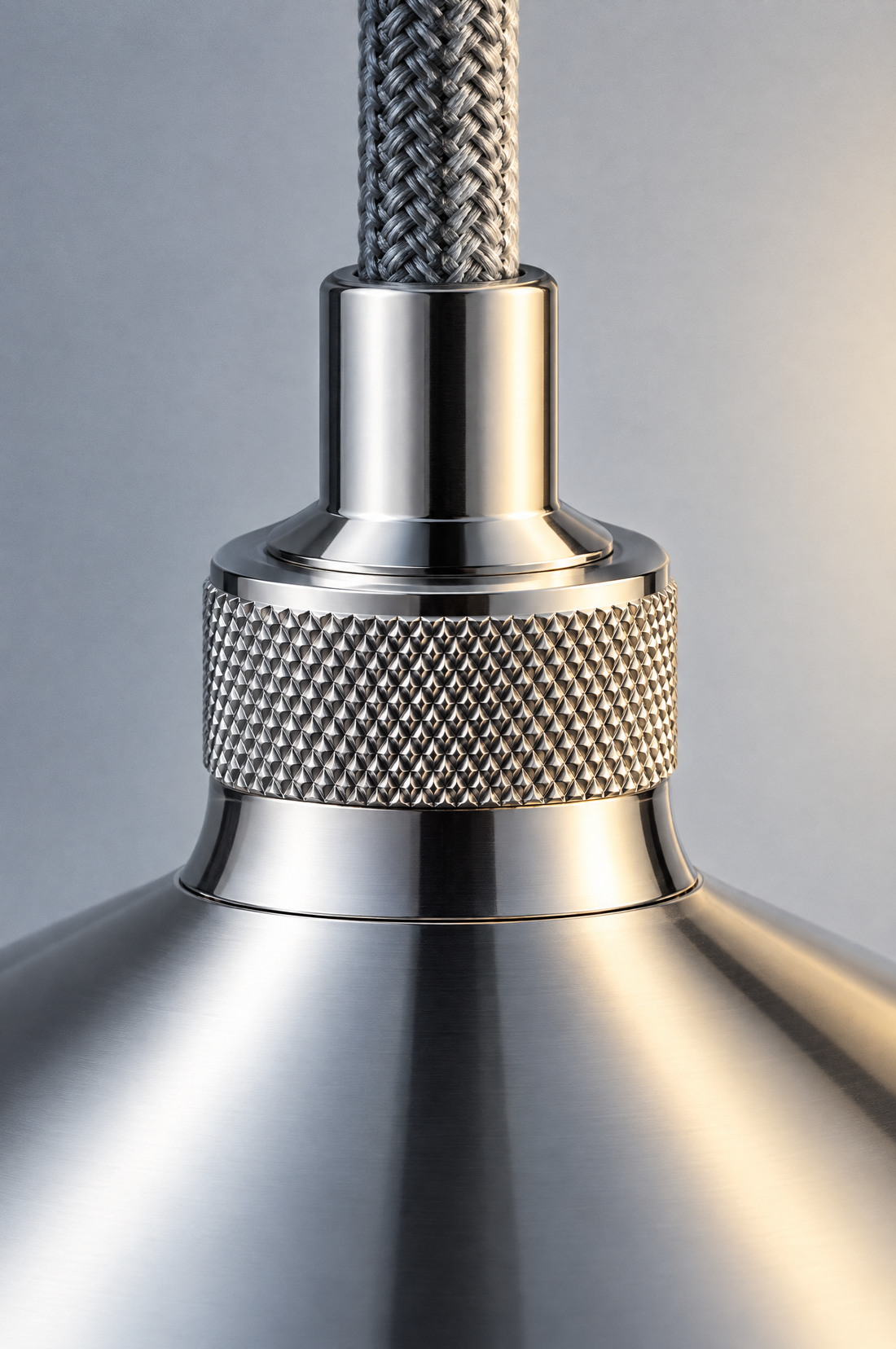 Close-up of the knurled chrome collar and braided cord