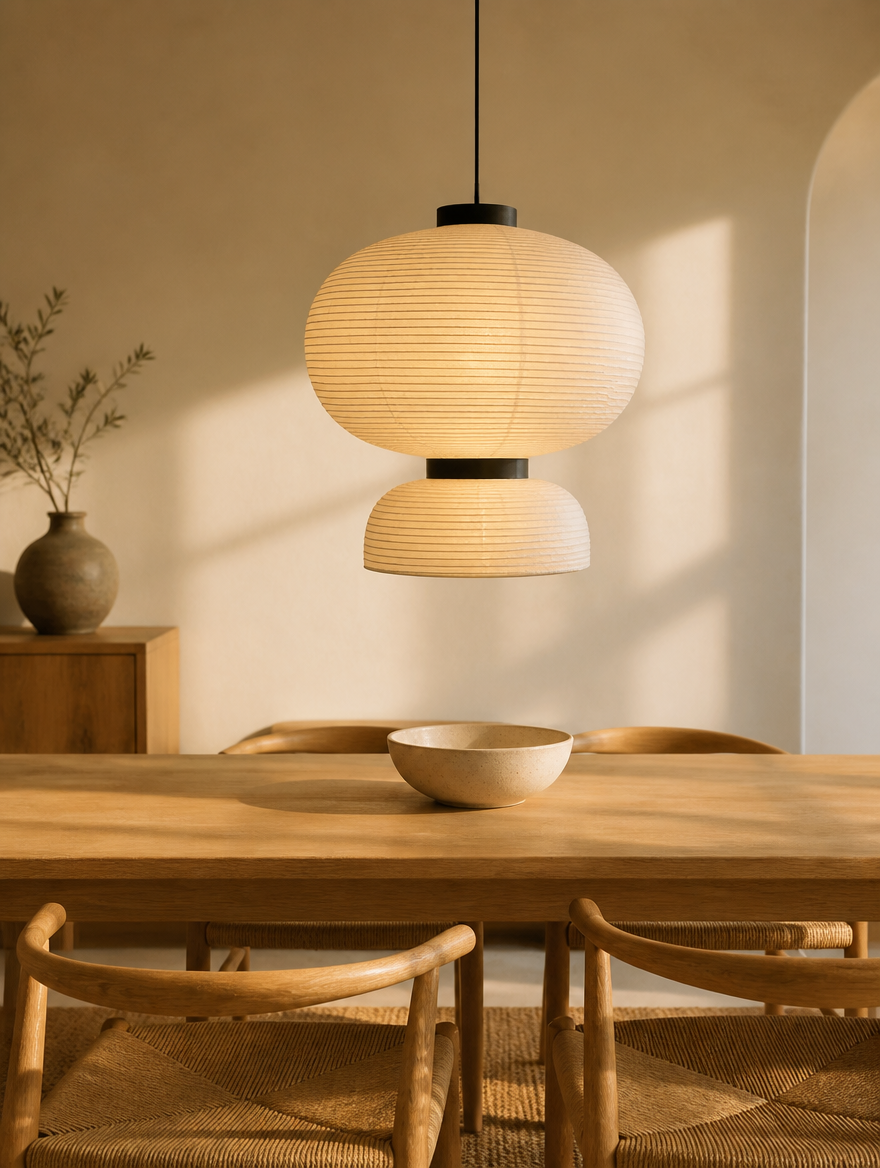 Stacked rice paper shades, the 19.7 inch size with the fuller upper shade, over an oak dining table