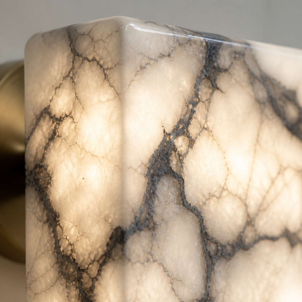Close-up of the veined stone block lit from within