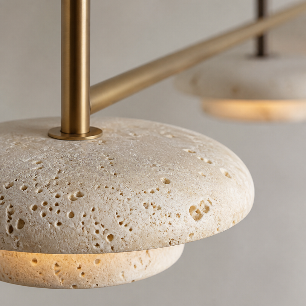 Close-up of the travertine disc and its bar fixing
