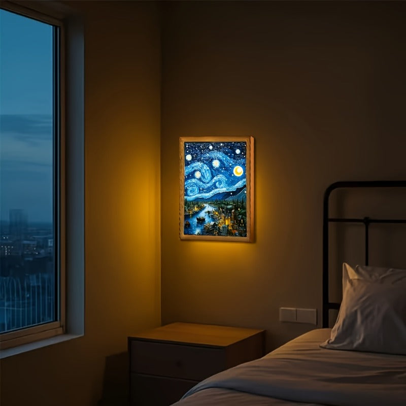 2D Flat 2D Flat Modern Canvas Print Featuring a Reproduction of Van GoghS Starry Night Showcasing Abstract Landscape Art Suitable for Home Or Office Decor