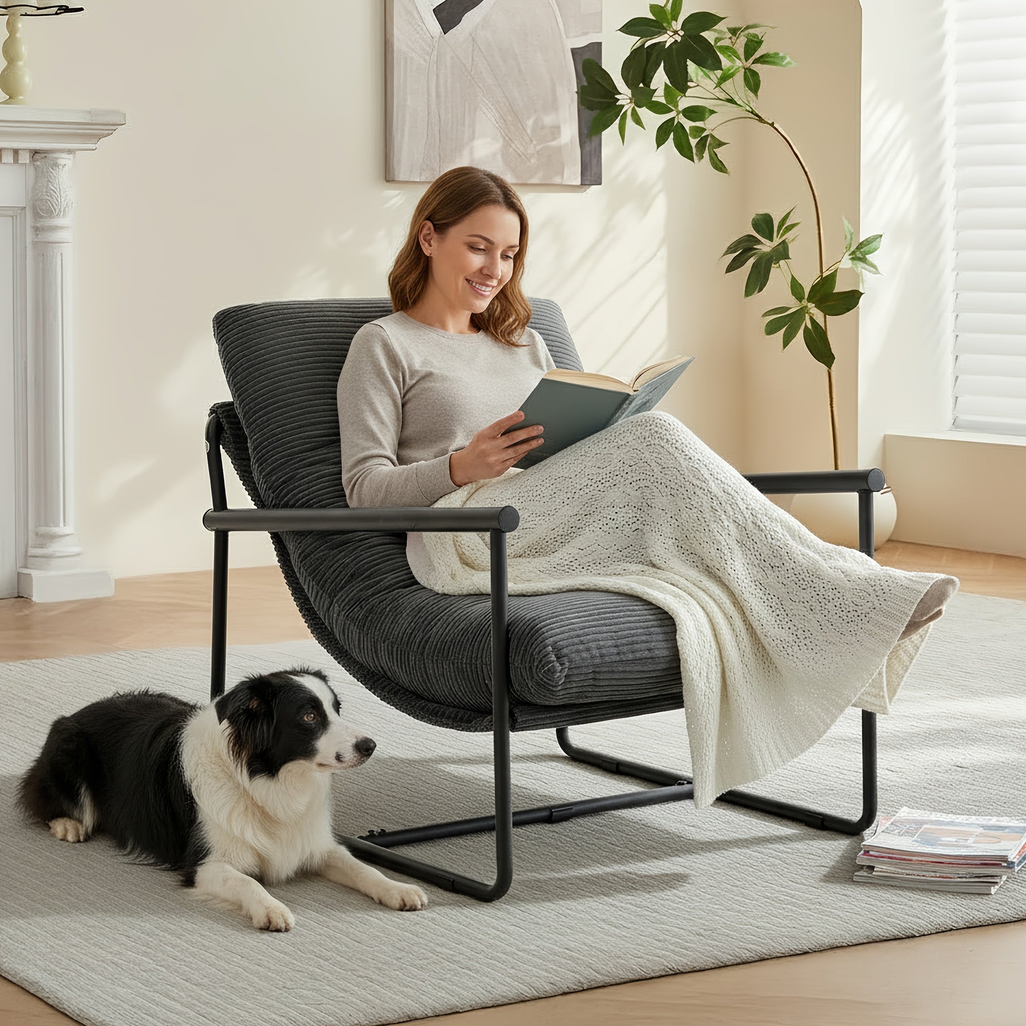 Oversized Corduroy Accent Lounge Chair Tufted Thick Padded Single Armchair with Stable Black Metal Sled Frame High Back Ergonomic Leisure Sofa for Living Room Bedroom Reading Nook Apartment Indoor Daily Rest Use