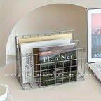 Modern Silvery Office Book Rack  Fashionable Metal with Storage Basket  Modern Magazine Newspaper Organizer Suitable for Home Office Decor Nordic Style Iron 3Tier Bookcase Desktop And Drawer Storage Box 10pcs Usable Spaces