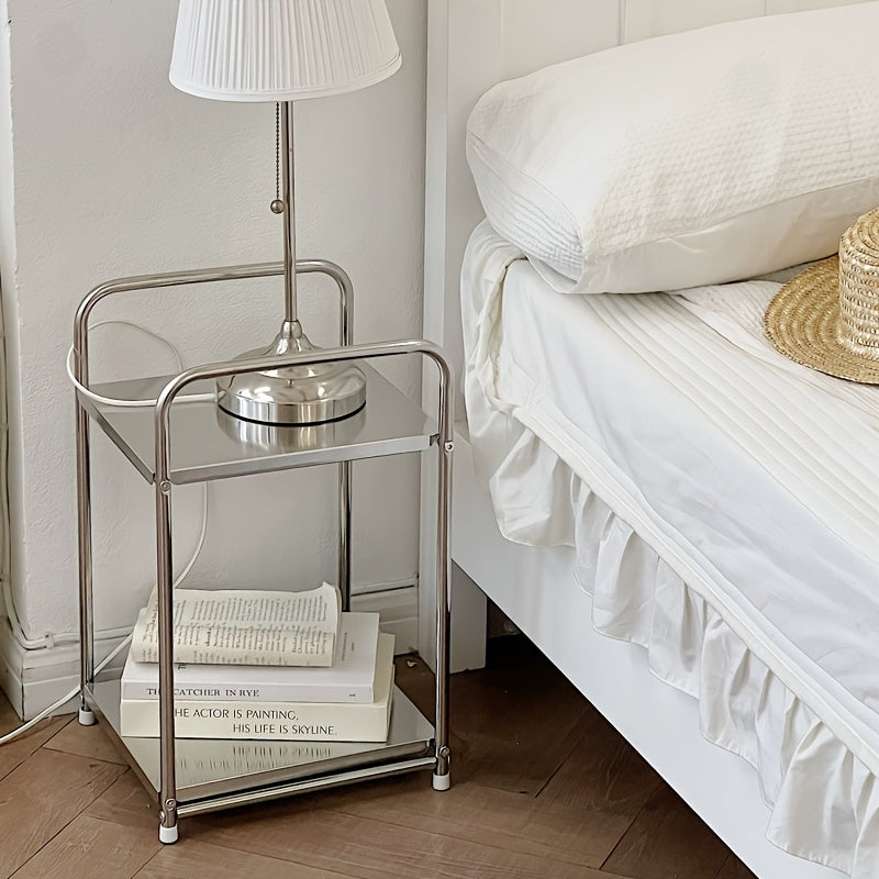 Modern Stainless Steel Side Table with Storage  Silvery Nightstand Home Storage Shelf No Assembly Required Height Under 270 Inches SpaceSaving Design No Electricity Needed Perfect for Sofas And Kitchens Practical Shelving Unit