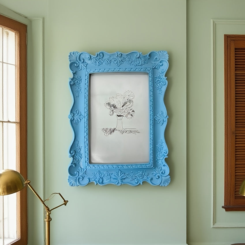 Vintage Light Blue 5x7 Inch Resin Photo Frame with Floral Lace Design  Elegant Tabletop Decor for Home or Office Aesthetic Room Decor